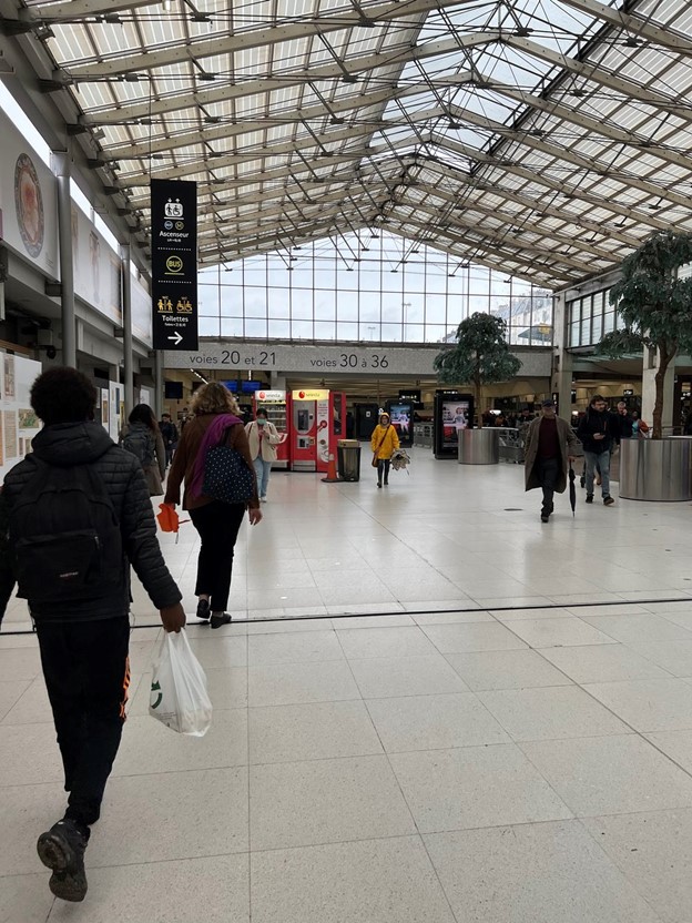 Inside the Gare du Nord with people walking through it. The photo shows its glass roof.